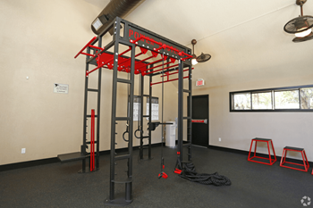 A gym with a pull up bar and ropes at The Woods Apartments, California, 95136